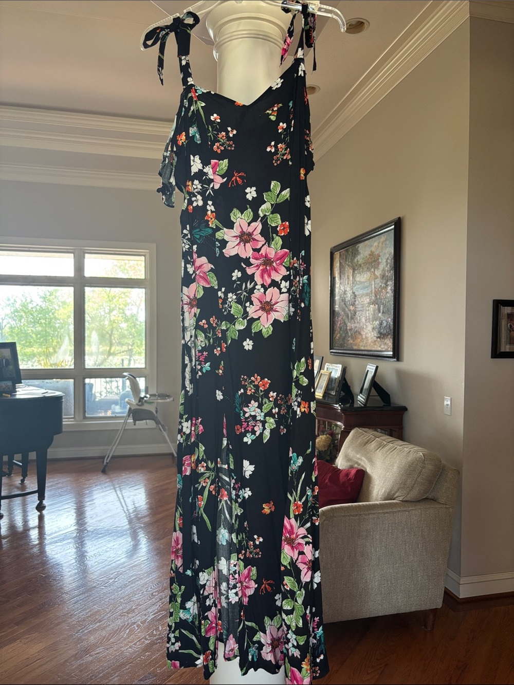 love, Fire Black Maxi Dress with Pink & Green Floral Print